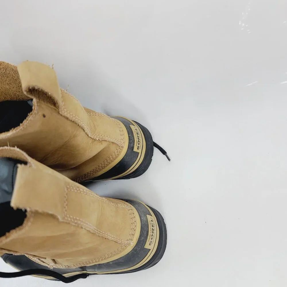 Sorel Men's Tan Black Caribou Nubuck Leather Mid-Calf Winter Snow Boots Size 8